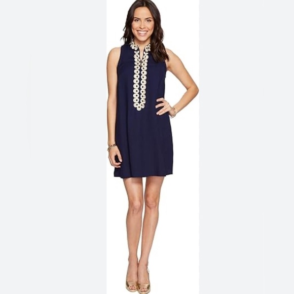Lilly Pulitzer Jane Navy Blue Gold Appliqué Trim Sleeveless Shift Dress Size 0 - Picture 12 of 12